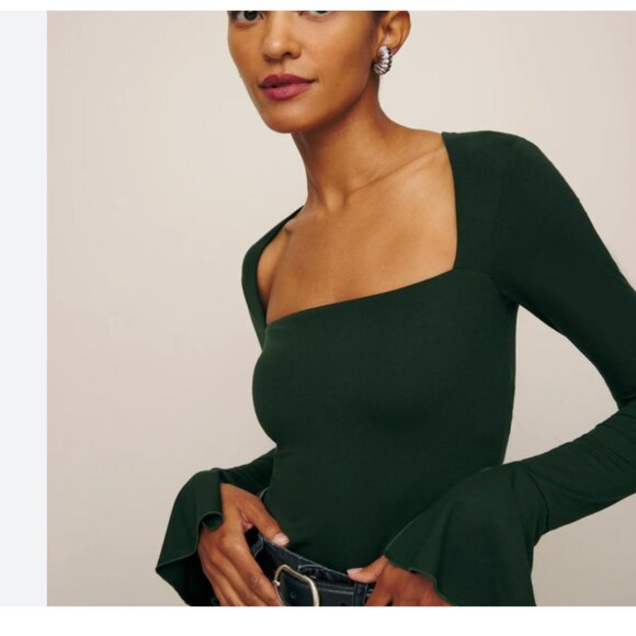 REFORMATION Dark Green Lucca Long Sleeve Knit Top Size M - Picture 1 of 8